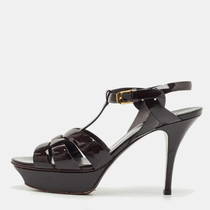 Saint Laurent Burgundy Patent Leather Tribute Platform Sandals Size 38