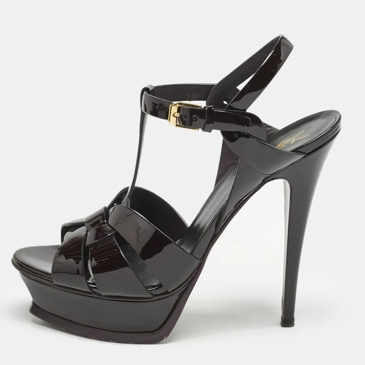 Saint Laurent Burgundy Patent Leather Tribute Sandals Size 39