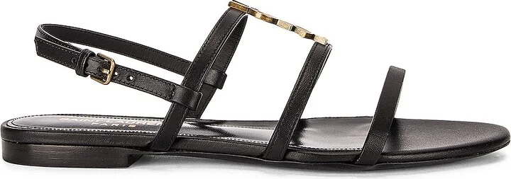 Saint Laurent Cassandra Leather Flat Sandals in Black - Image 2