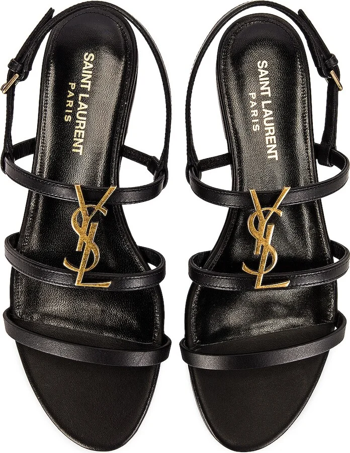Saint Laurent Cassandra Leather Flat Sandals in Black