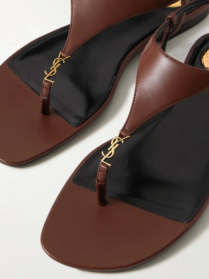 SAINT LAURENT - Cassandra Logo-embellished Leather Slingback Sandals - Brown - Image 4