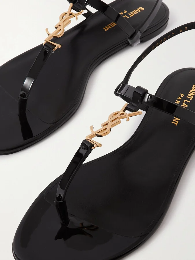 SAINT LAURENT - Cassandra Logo-embellished Patent-leather Slingback Sandals - Black - Image 4