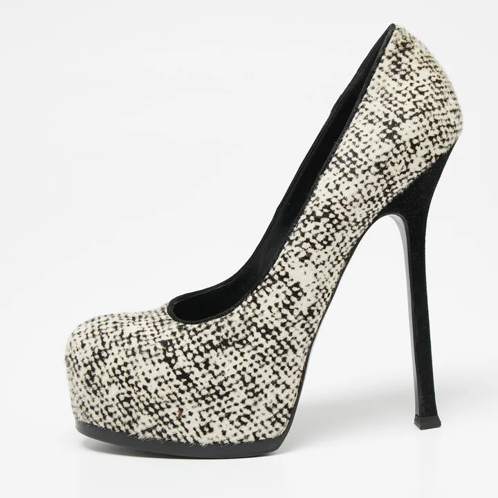 Saint Laurent Cream/Black Calf Hair Tribtoo Platform Pumps Size 38.5