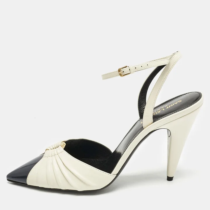 Saint Laurent Cream/Black Leather Anja Pointed Toe Slingback Pumps Size 39