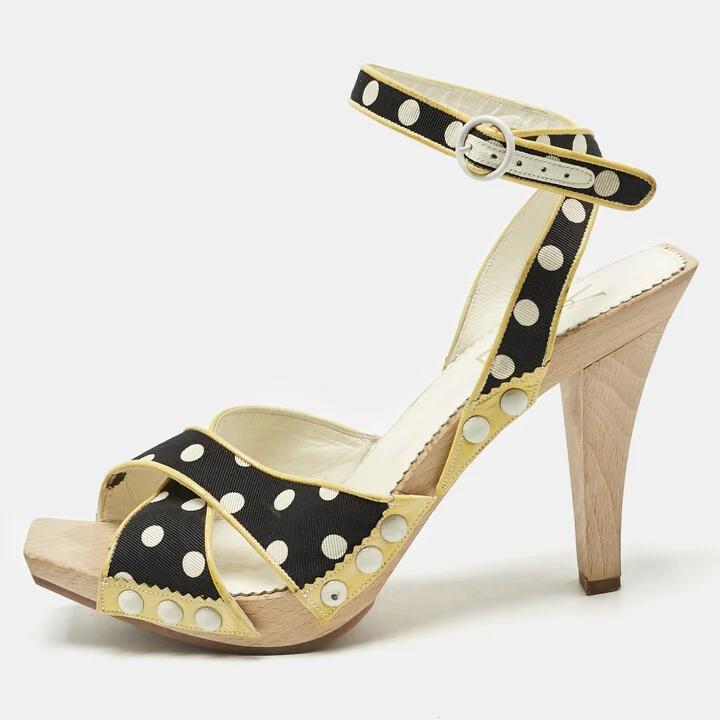 Saint Laurent Cream/Black Polka Dot Printed Fabric And Leather Wooden Sandals Size 39