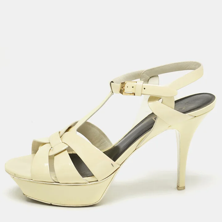 Saint Laurent Cream Patent Leather Tribute Sandals Size 39