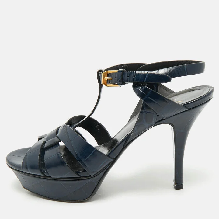 Saint Laurent Dark Blue Croc Embossed Leather Tribute Ankle Strap Sandals Size 37