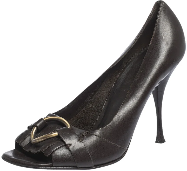 Saint Laurent Dark Brown Leather Ring Buckle Fringe Peep toe Pumps Size 39.5