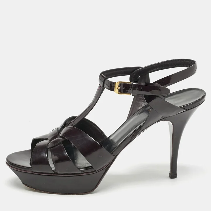 Saint Laurent Dark Burgundy Patent Leather Tribute Platform Sandals Size 41