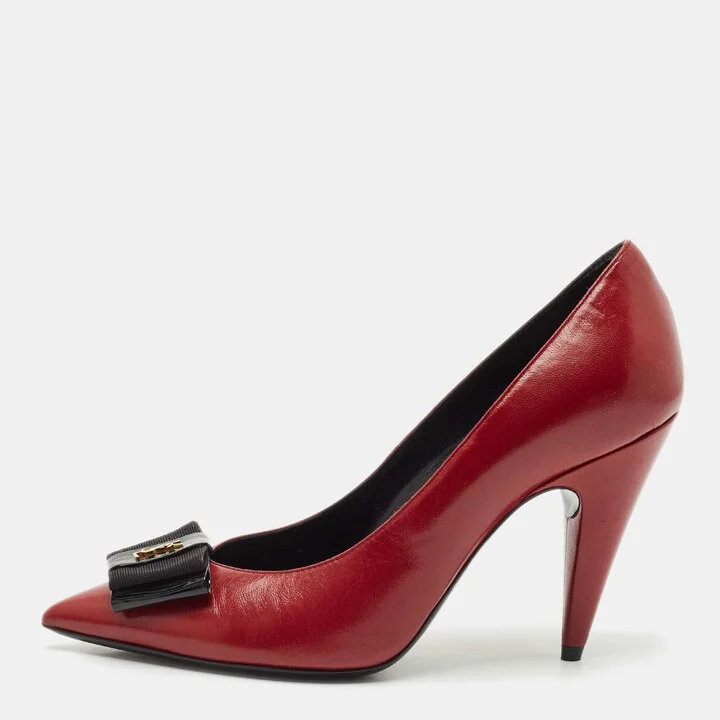 Saint Laurent Dark Red Leather Anais Bow Pointed Toe Pumps Size 36