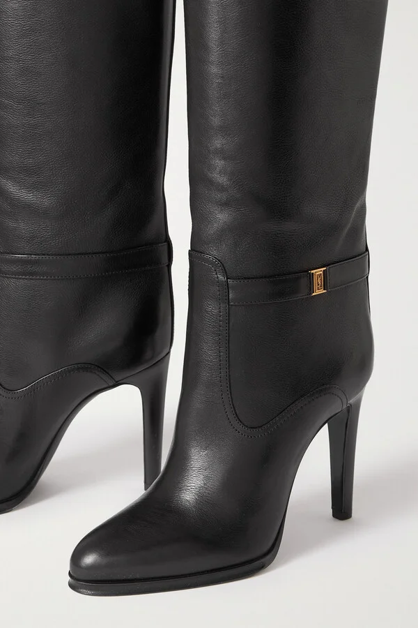 SAINT LAURENT - Diane Logo-embellished Leather Knee Boots - Black - Image 4