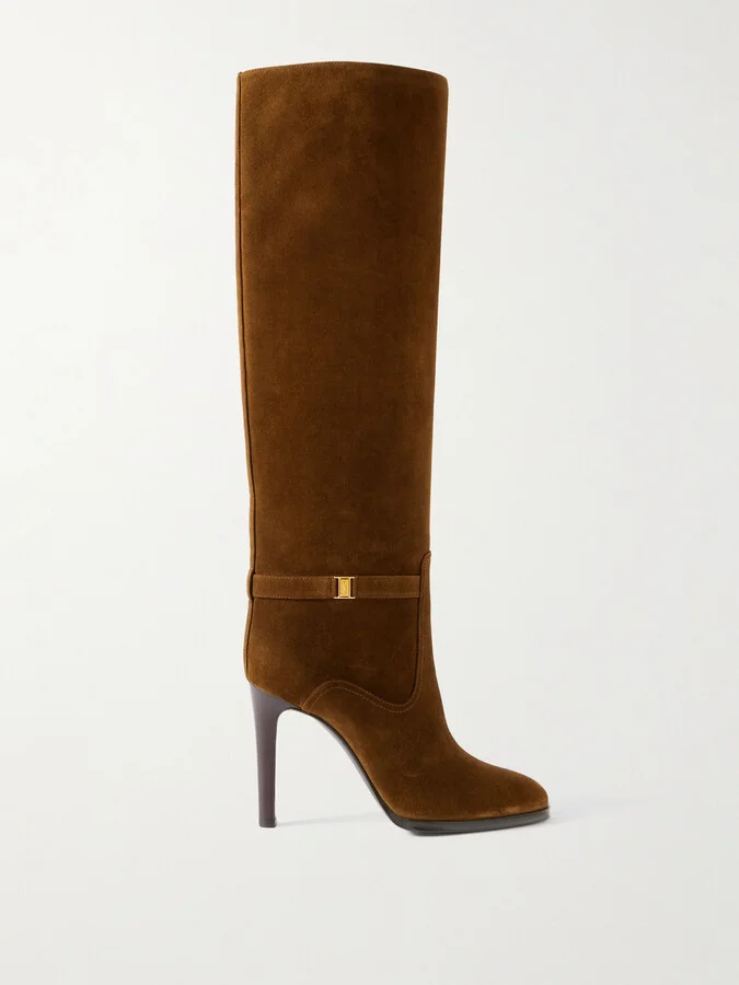 SAINT LAURENT - Diane Logo-embellished Suede Knee Boots - Brown