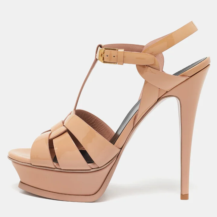 Saint Laurent Dusty Pink Patent Leather Tribute Platform Sandals Size 39