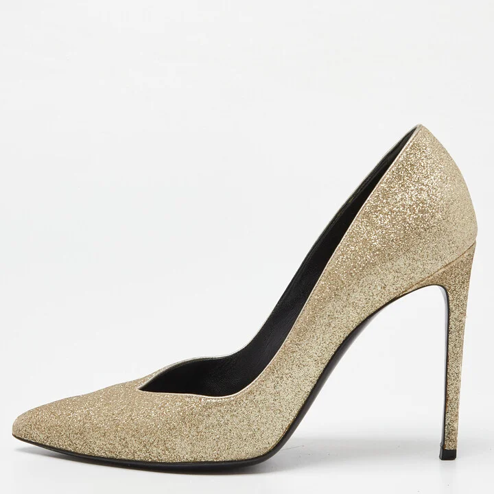 Saint Laurent Gold Glitter Pointed Toe Pumps Size 40