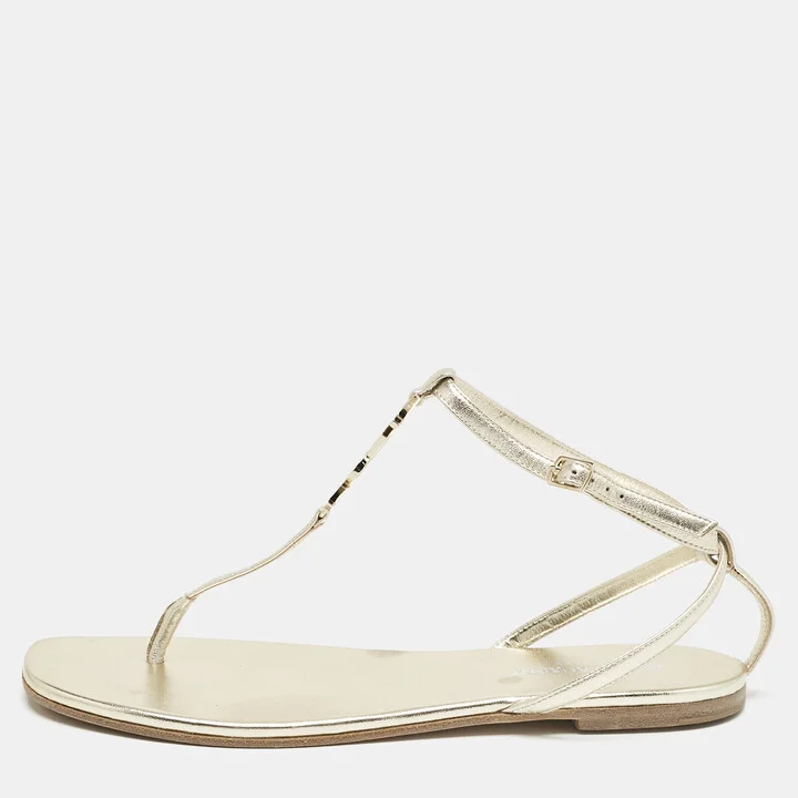 Saint Laurent Gold Leather Cassandra Thong Flat Sandals Size 39