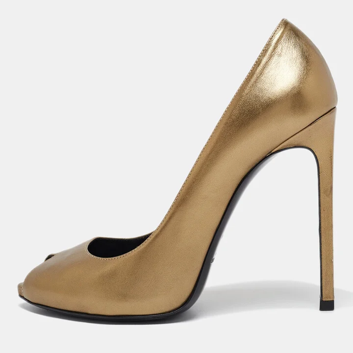 Saint Laurent Gold Leather Peep Toe Pumps Size 37