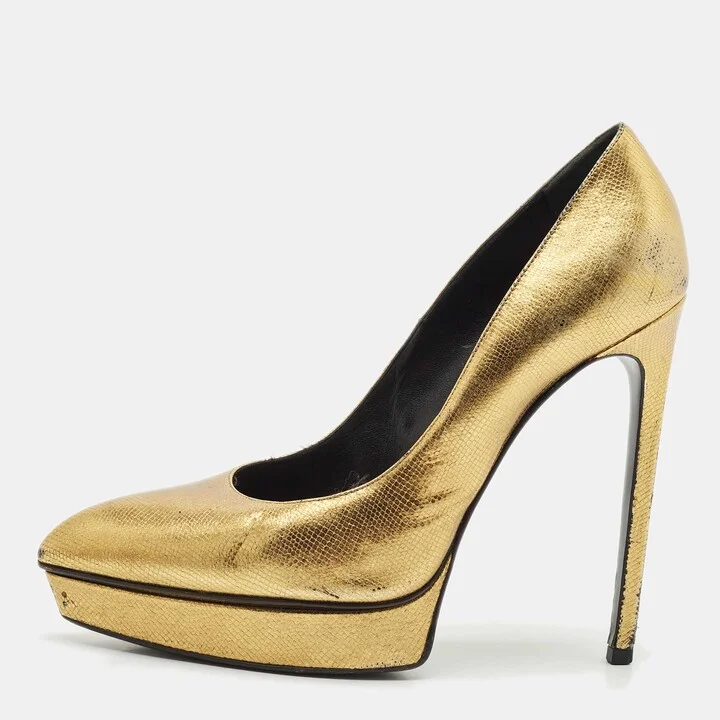 Saint Laurent Gold Leather Pointed Toe Janis Platform Pumps Size 40