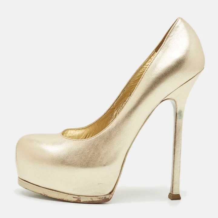 Saint Laurent Gold Leather Tribtoo Platform Pumps Size 38.5