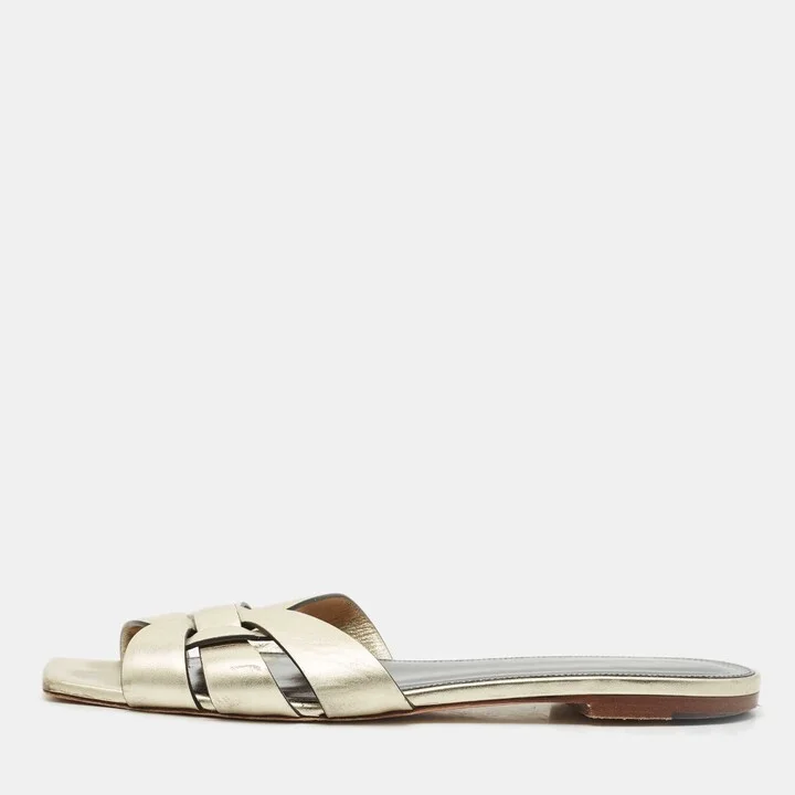 Saint Laurent Gold Leather Tribute Flat Sandals Size 40
