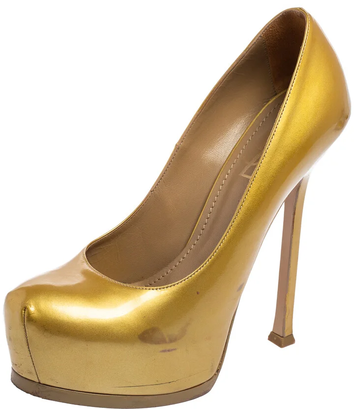 Saint Laurent Gold Patent Leather Tribtoo Platform Pumps Size 37.5