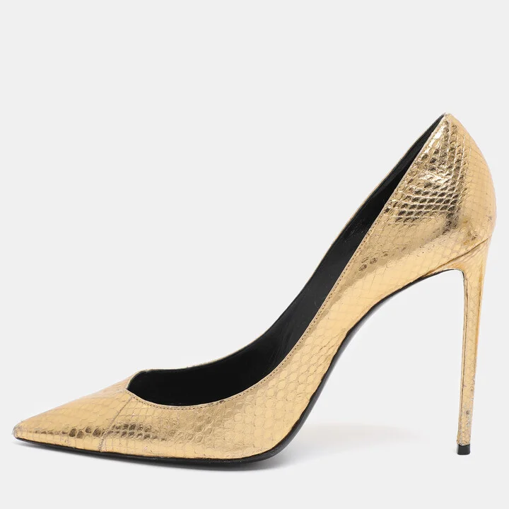 Saint Laurent Gold Python Embossed Leather Zoe Pointed Toe Pumps Size 42