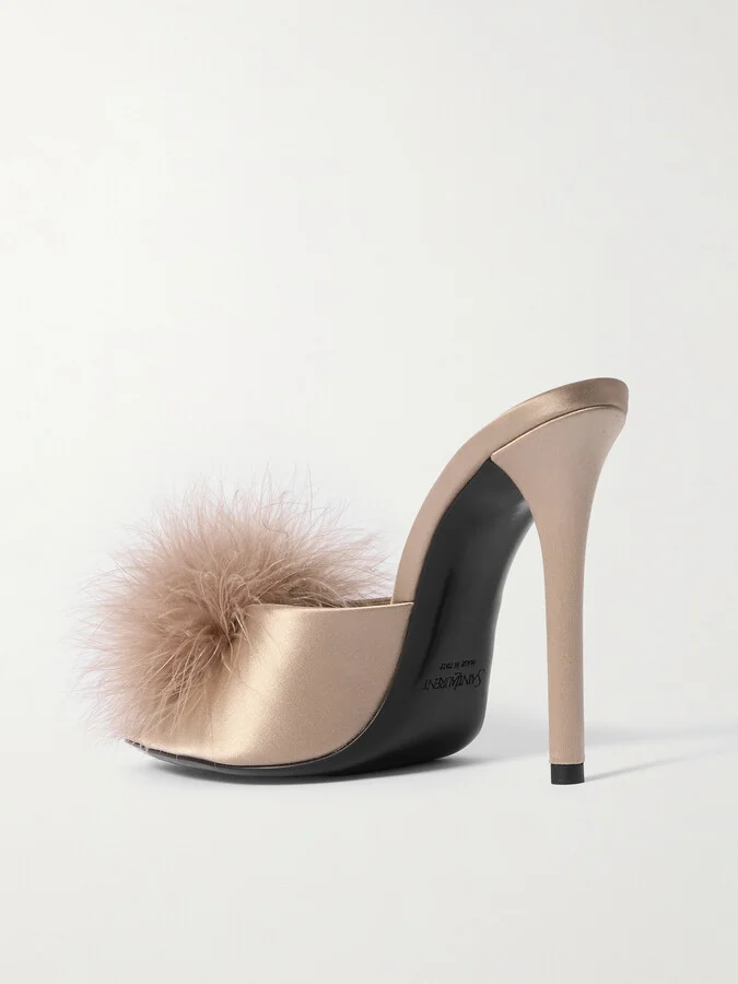 SAINT LAURENT - Goldie Feather-trimmed Satin Mules - Pink - Image 3
