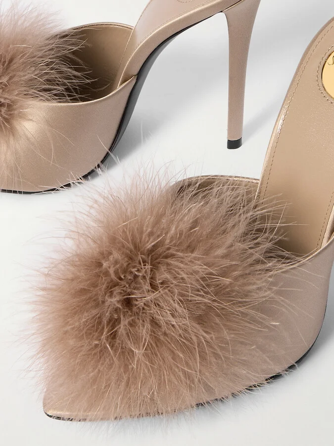 SAINT LAURENT - Goldie Feather-trimmed Satin Mules - Pink - Image 4