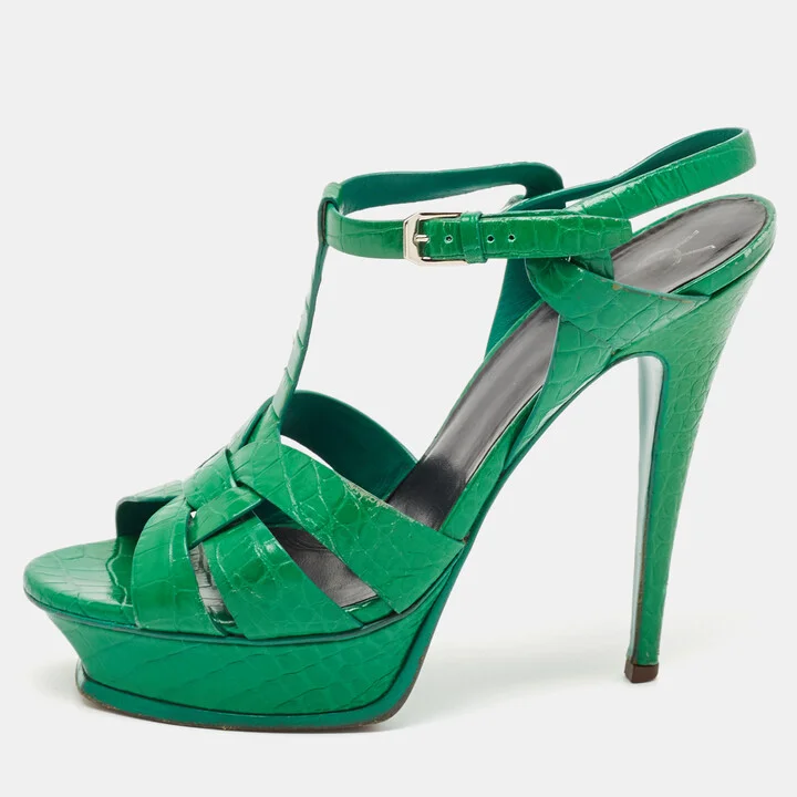 Saint Laurent Green Croc Embossed Leather Tribute Platform Sandals Size 39.5