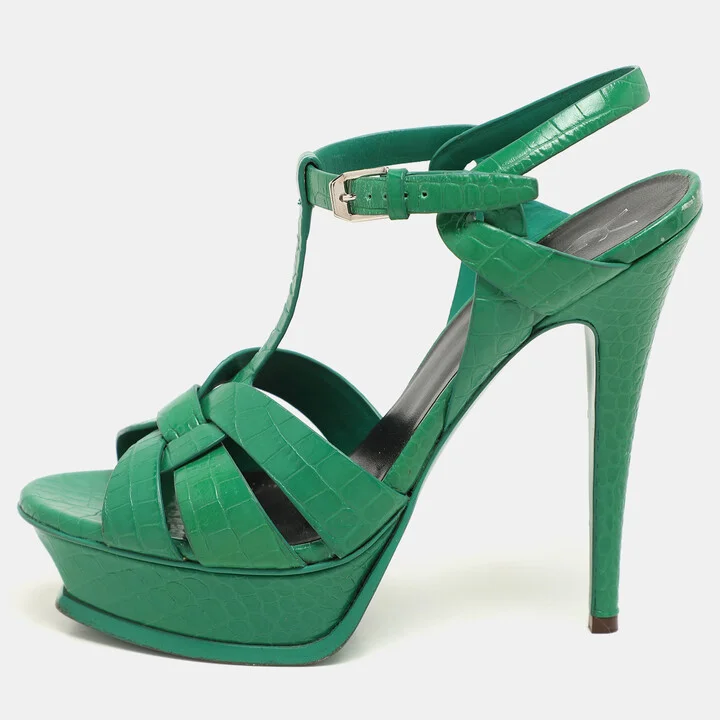 Saint Laurent Green Croc Embossed Leather Tribute Platform Sandals Size 39