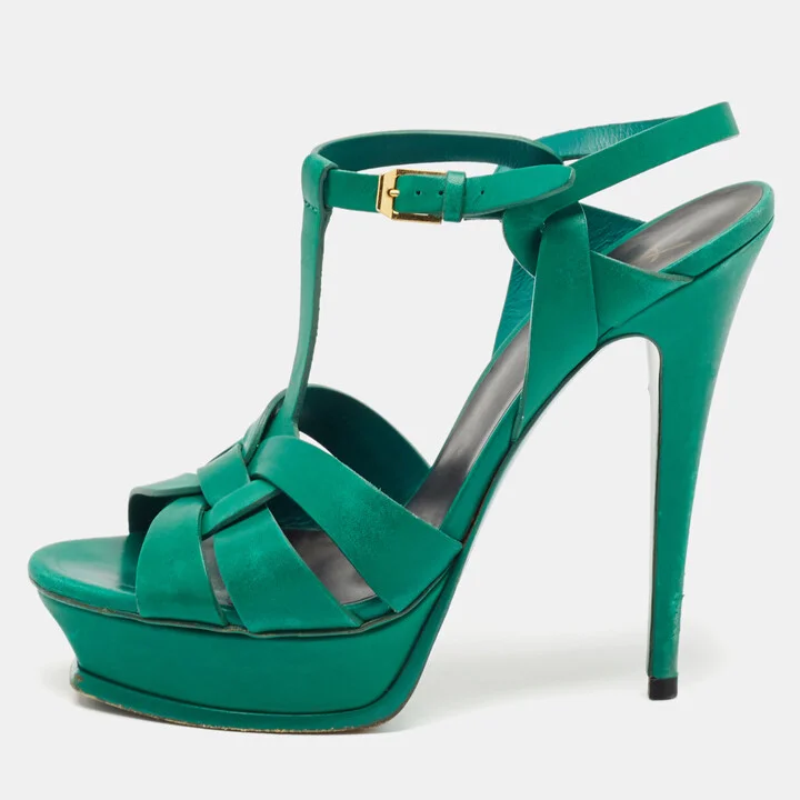 Saint Laurent Green Leather Tribute Sandals Size 40