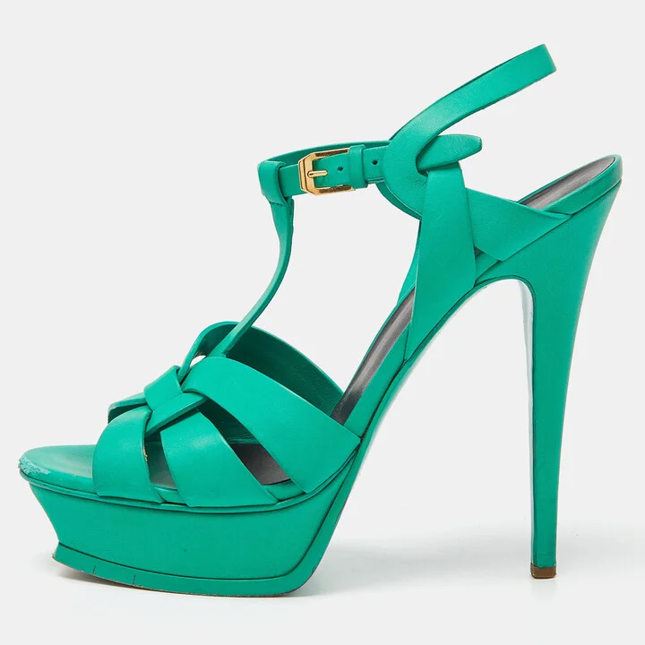 Saint Laurent Green Leather Tribute Sandals Size 40