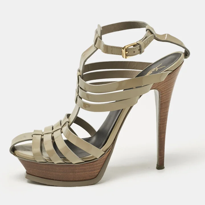Saint Laurent Green Patent Leather Ankle Strap Sandals Size 39.5