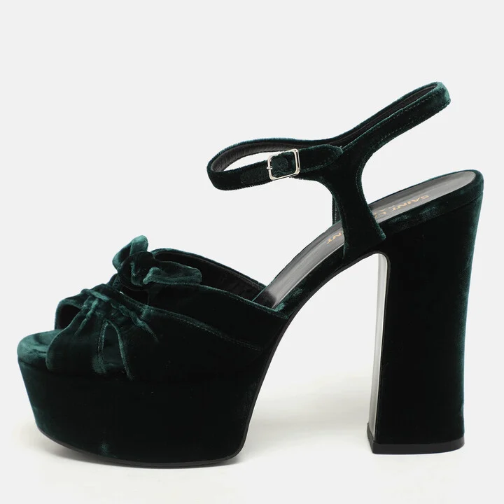 Saint Laurent Green Velvet Candy Bow Platform Sandals Size 39