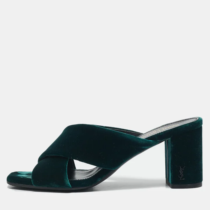 Saint Laurent Green Velvet Loulou Criss Cross Mules Size 37