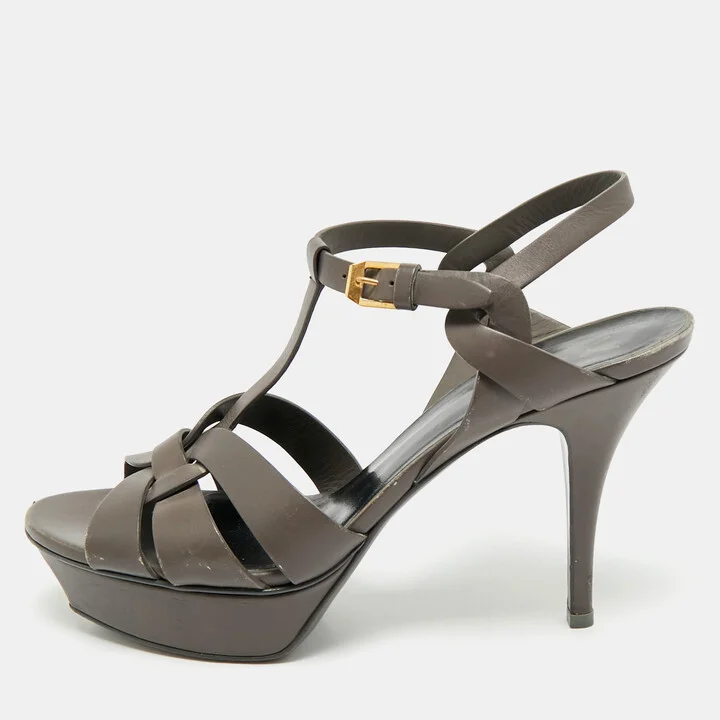 Saint Laurent Grey Leather Ankle Strap Sandals Size 40