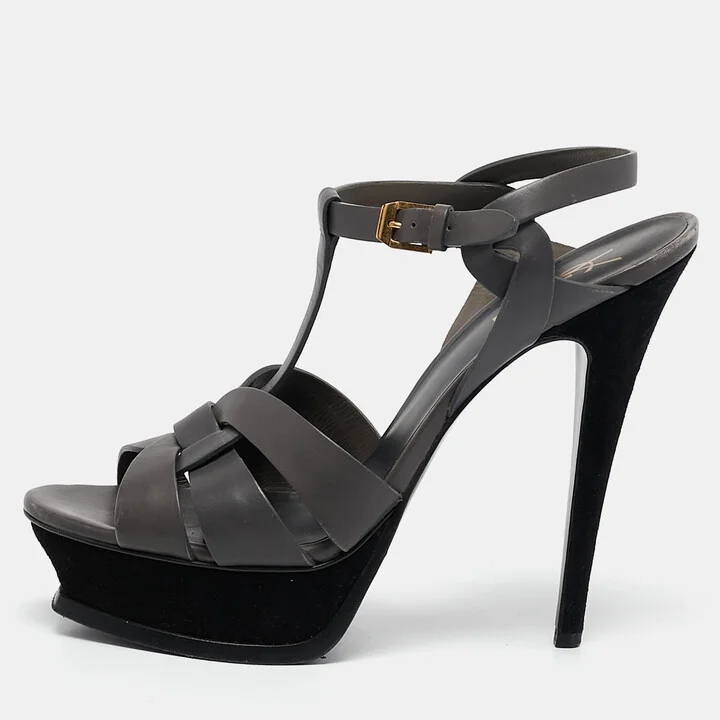 Saint Laurent Grey Leather Tribute Sandals Size 39.5