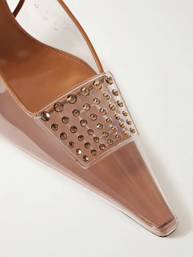 SAINT LAURENT - Jive Leather-trimmed Crystal-embellished Pvc Slingback Pumps - Neutrals - Image 4
