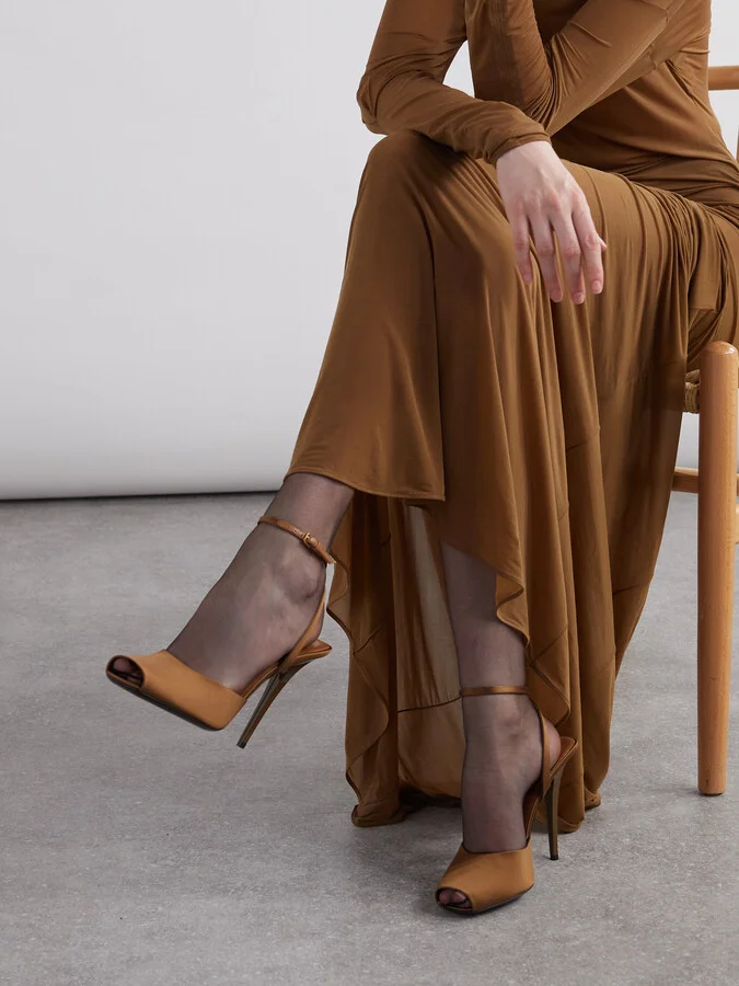SAINT LAURENT - La Scandale Leather-trimmed Satin Sandals - Brown - Image 2