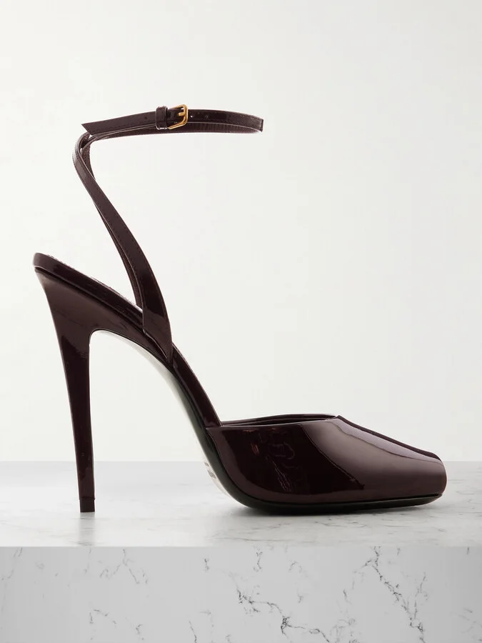 SAINT LAURENT - La Scandale Patent-leather Mules - Brown