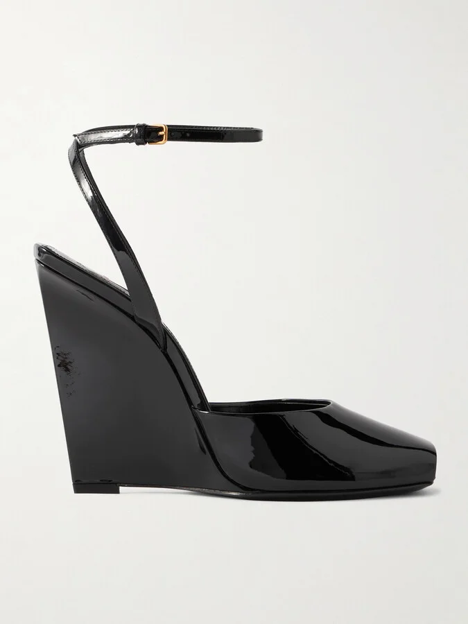 SAINT LAURENT - La Scandale Patent-leather Wedge Sandals - Black