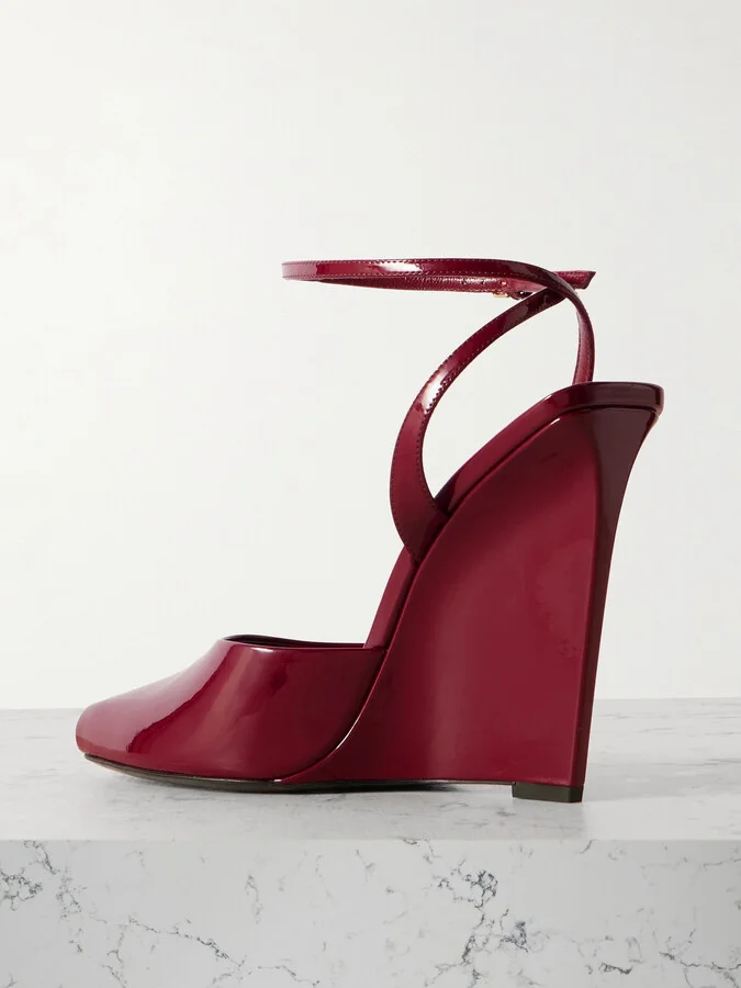 SAINT LAURENT - La Scandale Patent-leather Wedge Sandals - Burgundy - Image 3
