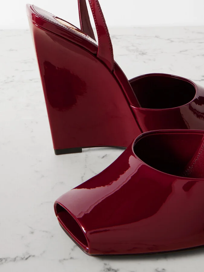 SAINT LAURENT - La Scandale Patent-leather Wedge Sandals - Burgundy - Image 4