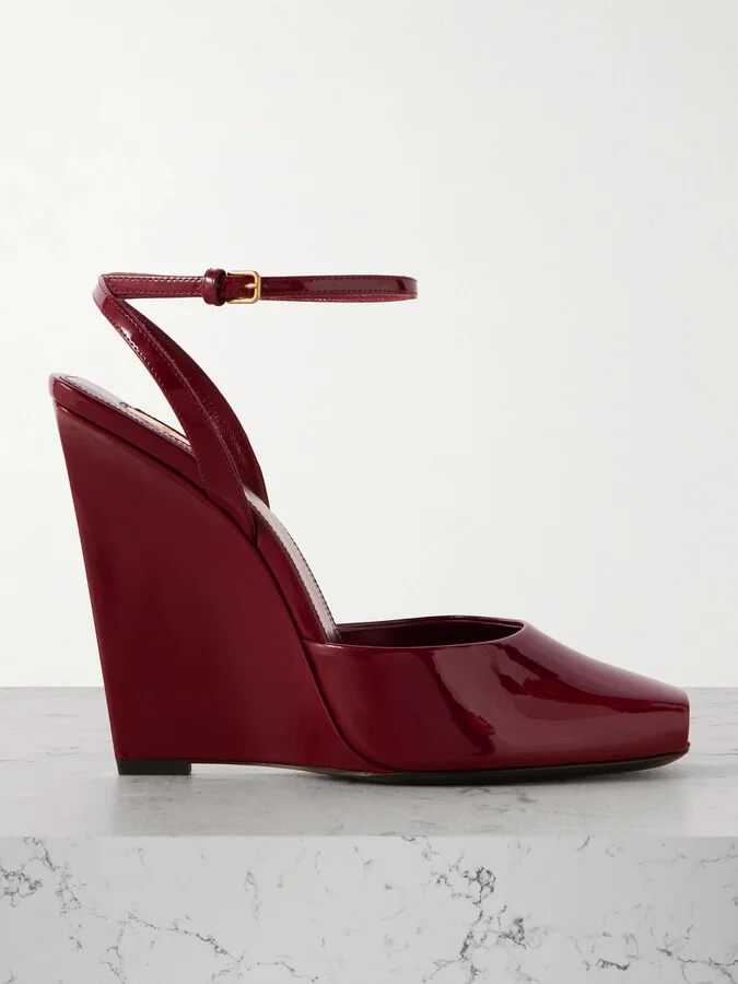 SAINT LAURENT - La Scandale Patent-leather Wedge Sandals - Burgundy