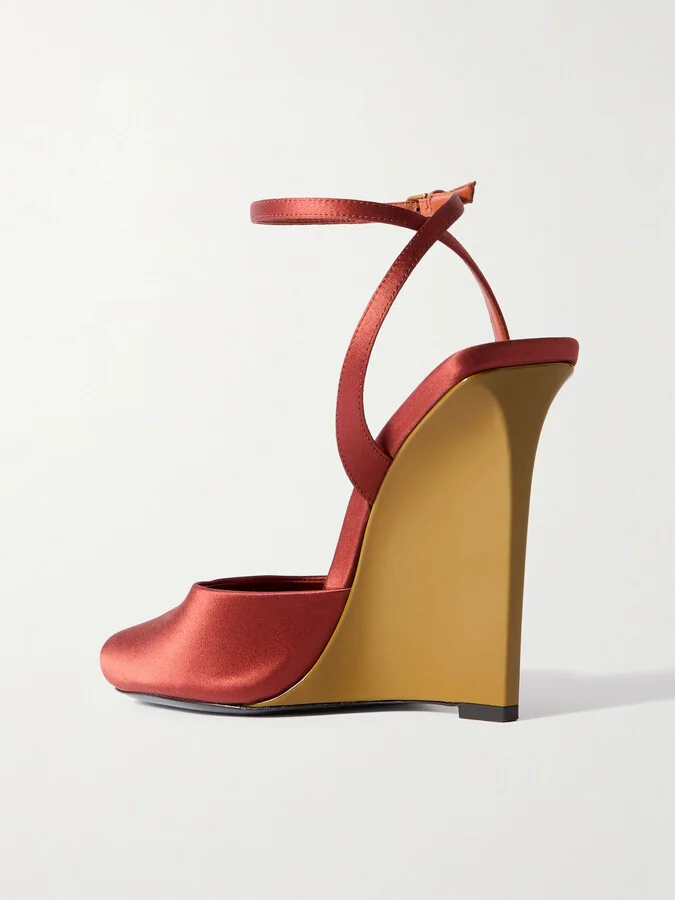 SAINT LAURENT - La Scandale Satin Wedge Sandals - Red - Image 3