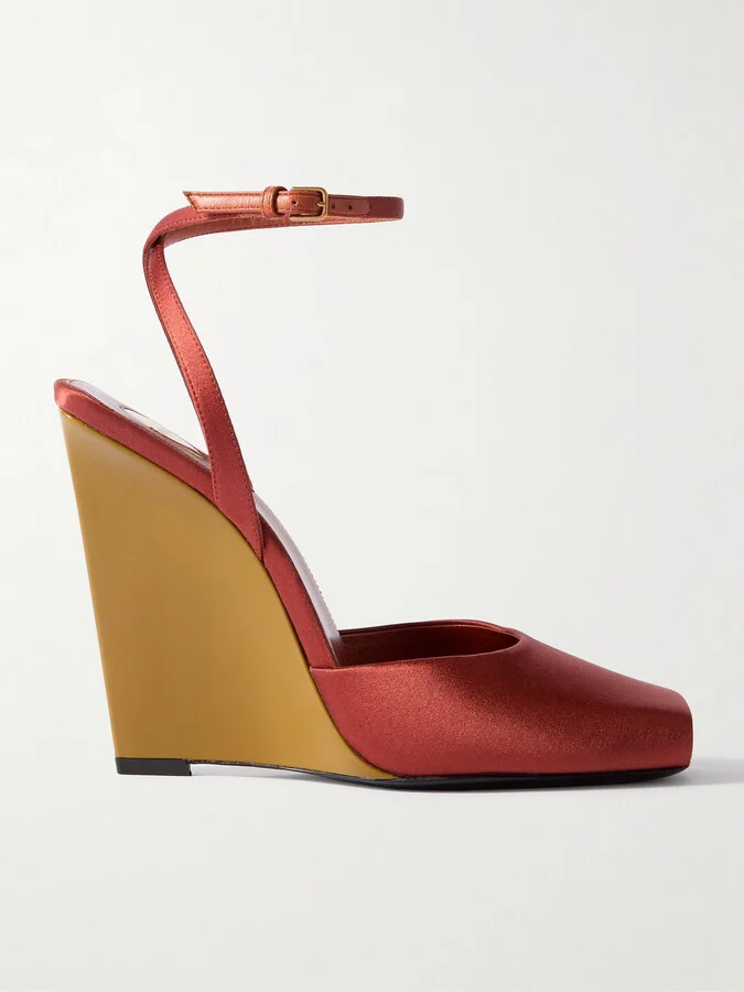 SAINT LAURENT - La Scandale Satin Wedge Sandals - Red