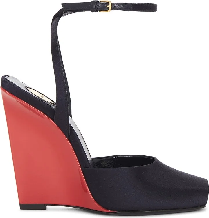 Saint Laurent La Scandale Wedge Sandal in Navy