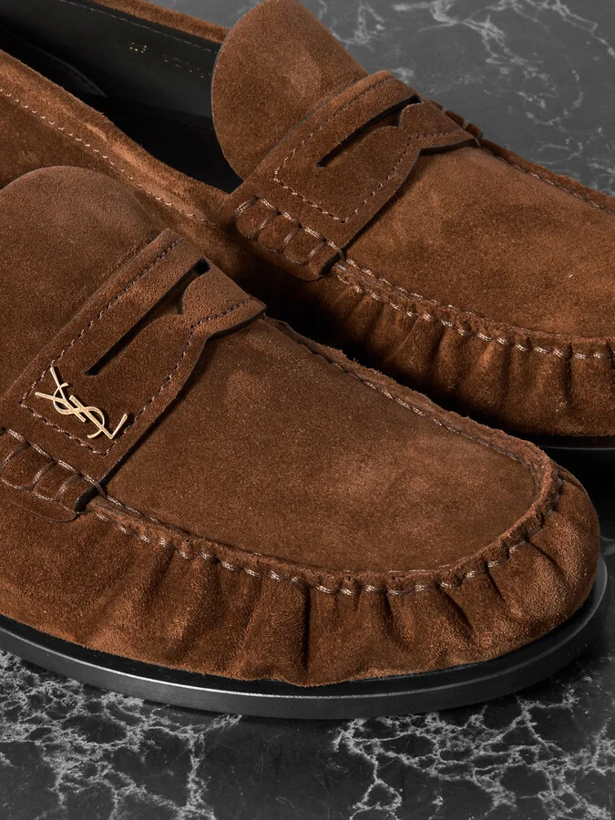 SAINT LAURENT - Laurent Logo-embellished Suede Penny Loafers - Brown - Image 4