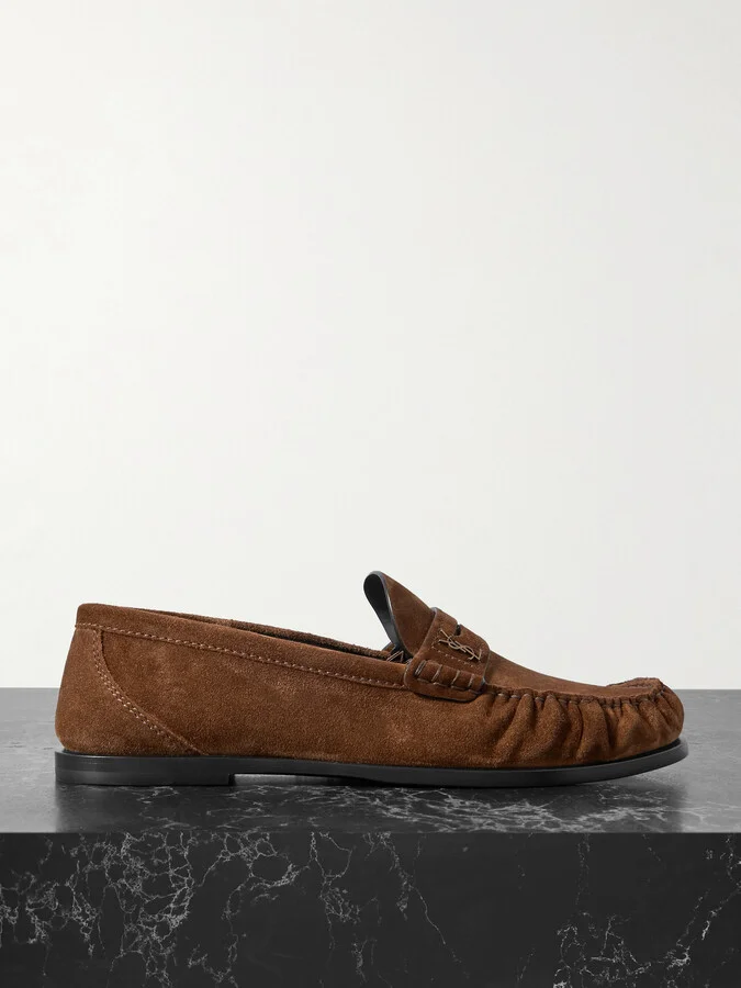 SAINT LAURENT - Laurent Logo-embellished Suede Penny Loafers - Brown
