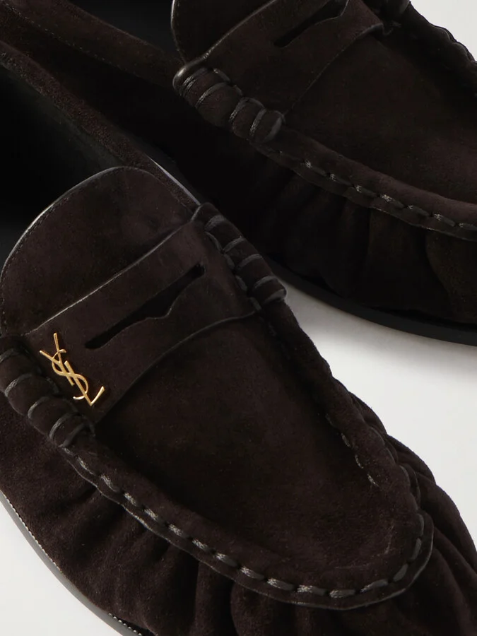 SAINT LAURENT - Le Loafer Logo-embellished Suede Loafers - Brown - Image 4