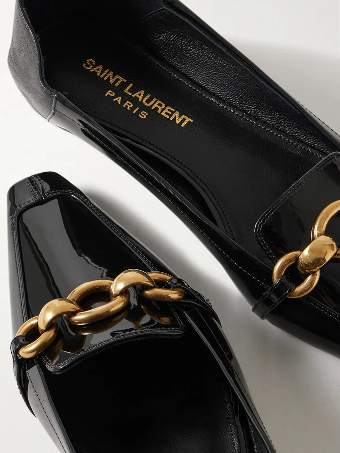 SAINT LAURENT - Le Maillon Collapsible-heel Embellished Smooth- And Patent-leather Loafers - Black - Image 4